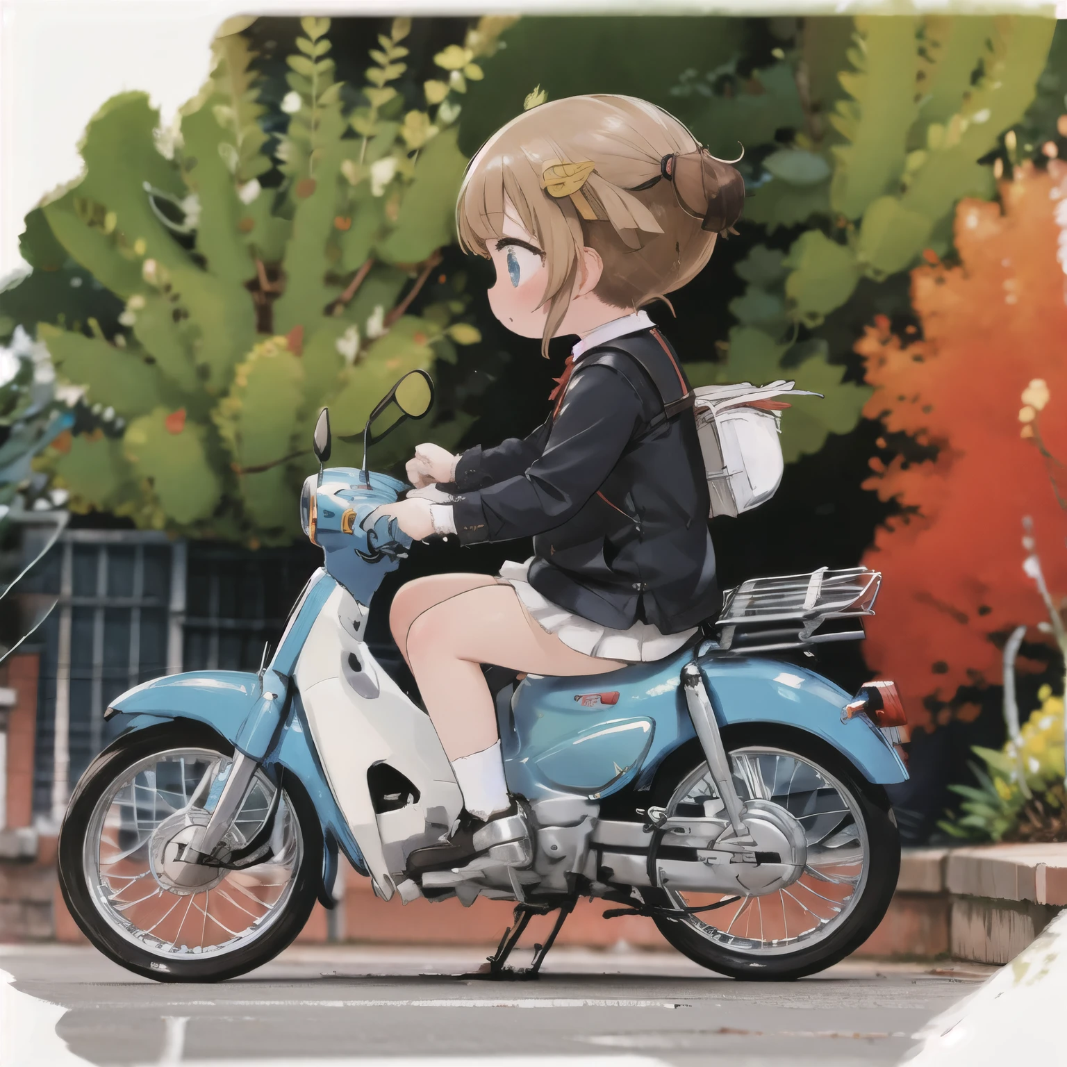 (masterpiece, high quality, 最high quality:1.2)，16K、reality，alone，cute young girl，He sits with his legs spread apart in a green modified Honda Super Cub.，Down Straight Muffler，middle School girls，uniform，foot，ステップにfoot，sneakers:1.3，Fluttering skirt，From the side、Riverside at dusk，whirlwind，Panchi et al....，Watercolor style，Removing the Stand:1.3，From the back，