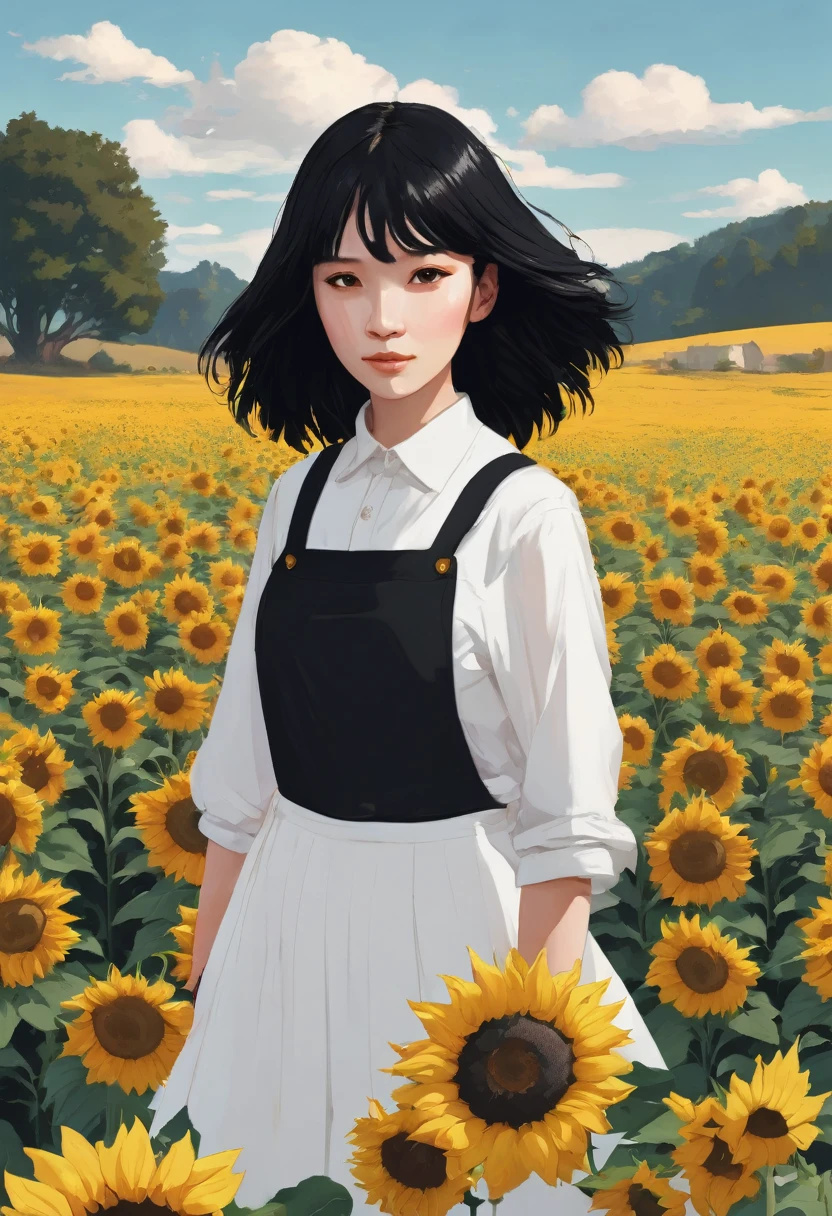 Create for me a white character with black hair in a field of sunflowers