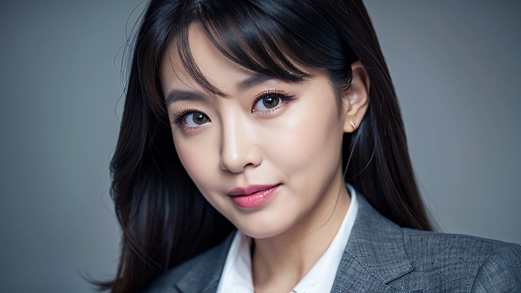 (Detailed face),vivid,Beautiful career woman,Gray business suit,4K,Ultra-high resolution,(Photorealistic:1.7),Gray background,Long black hair,