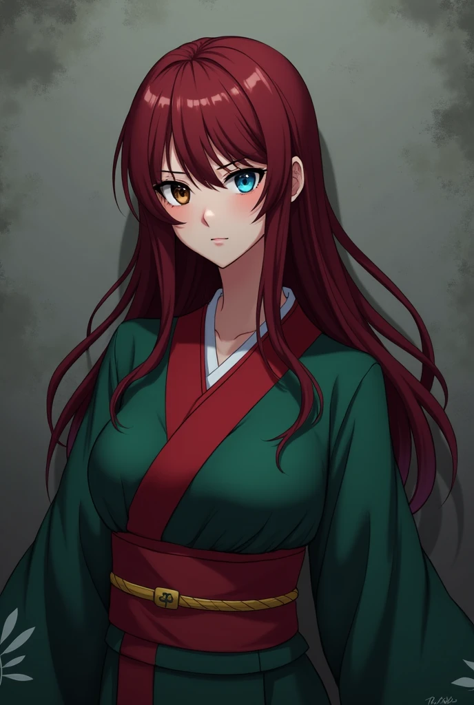 The image is anime style with shadows and dim lights, anime style although somewhat adult and dark, It features a single 3 adult woman with heterochromia., She has one brown eye and her other eye is blue and she wears a beautiful oversized green and red yukata.. She has very long and loose hair., dark red. She looks calculating and shrewd.. The background of the image is a grey wall.