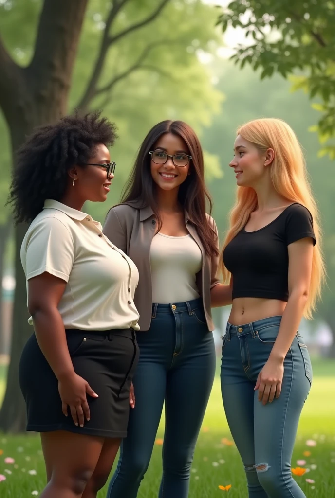 Create a realistic image of a 20 year old woman, obese, with black and dark skin, wearing a white shirt and black skirt and glasses, playing with a 2 young woman, with light white skin, blonde hair long, slim body, wearing a long, tight black blouse and jeans in a park