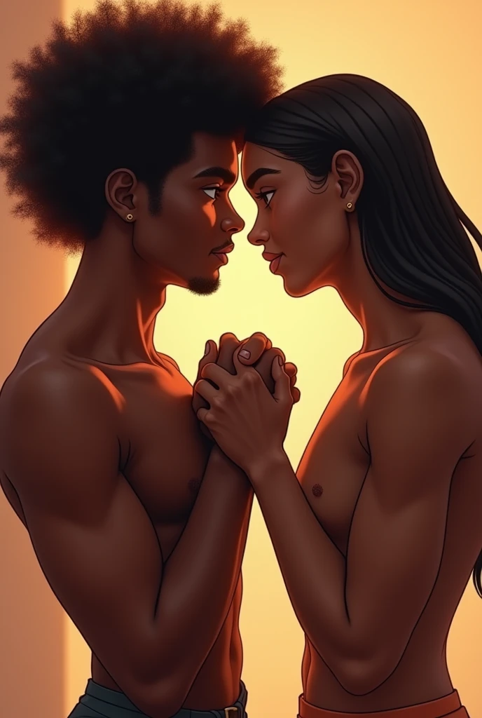 Two men holding hands looking at each other face to face, cheesy, dark-skinned, one with afro hair and the other straight, both are dark-skinned, give the second one more hair 
