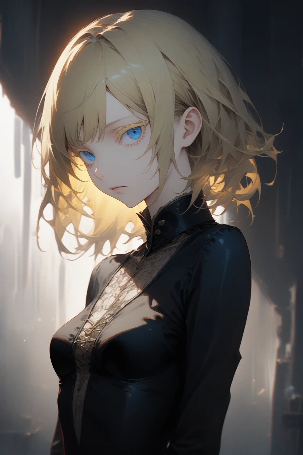masterpiece, best quality, very aesthetic, absurdres,1girl,(hyper detailed eyes),blonde hair,short hair,[disheveled hair],colored eyelashes,blonde eyelashes,blue eyes,(sharp eyes),(slanted eyes),choppy bangs,medium breasts,slender,clear face,expressionless,prostitute,brothel,