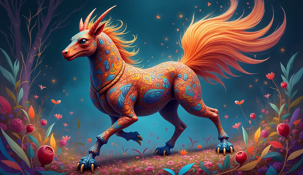 "Create an illustration of an imaginary animal alebrije formed from the mixture of several animals that can belong to any animal kingdom. They combine physiognomic elements of various animals, both real and imaginary, in a single being.