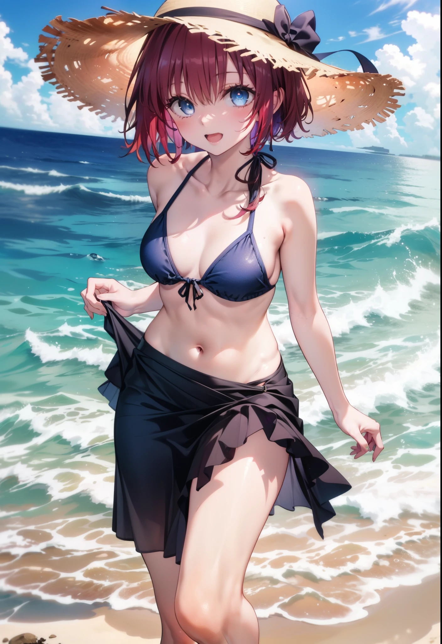 Kurosaki  mea,Redhead,Long Hair,Purple eyes,Open your mouth,smile,Straw hat,Black string bikini swimsuit,Pareo Swimsuit,Belly button,abdomen,barefoot,A thin long skirt is wrapped around her waist,Sandy Beachを散歩している,Walking,Clear skies,True Summer,Daytime,whole bodyがイラストに入るように,
break looking at viewer,whole body, 
break outdoors, Beach,Sandy Beach,
break (masterpiece:1.2), Highest quality, High resolution, unity 8K wallpaper, (shape:0.8), (Beautiful and beautiful eyes:1.6), Highly detailed face, Perfect lighting, Highly detailed CG, (Perfect hands, Perfect Anatomy),