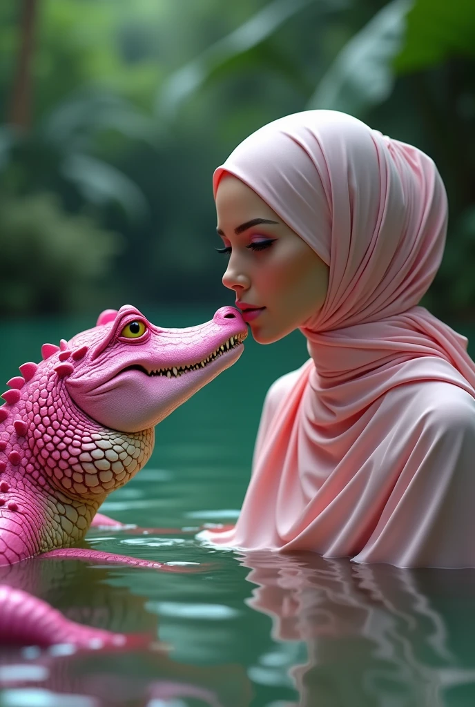 Beautiful lady hijab with animal crocodile pink
