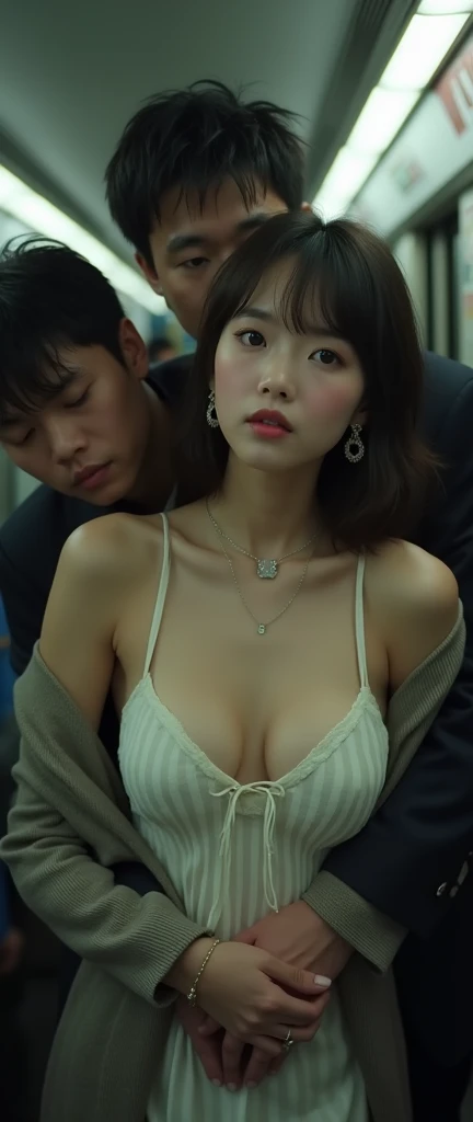 8K, Photographic images, masterpiece, 最high quality, Super Resolution, Beautiful woman with brown curly hair, ((Brown-haired beauty)), With bangs, Incredibly cute face, And slim, Small breasts, high quality, Tmasterpiece, outstanding features, She looks sad, Delicate eyes, delicate golden hair, 8K quality, Pale light and shadow, Dindal effect, disheveled golden hair, With bangs, A Young Country, Erotic scenes, rock, (element), Very bright white background, (Group molesters:1.3), 1 girl, (Front view from the foot), She was finger raped by several men、(((Inside a crowded Japanese train))), (((She was placed among the men、Raped by fingers:1.3))), (The men are standing around her), (Wearing a sexy blouse and a mini skirt), (Super beautiful face), (Her sexy dress was torn., Her underwear is torn、Exposed skin, Pink nipples, Thin pubic hair), ( She had both her breasts fondled by the man, The men put their hands around her buttocks.:1.3), (Her clothes are torn、Torn:1,3), (At S.F.W.), (((Her blouse is torn、The chest is exposed))), (Her miniskirt is being lifted up by the men), (((The man touches her vaginal opening and inserts his finger))), (((男 puts his hand inside her skirt))), (((A man tugs at her torn skirt))), (((Anxious and embarrassed, Her ecstatic expression))), (She had her mouth half open), (She is embarrassed and looks down), (She is very reluctant), (She is refusing), (Very troubled look),(((Moans of pain)))