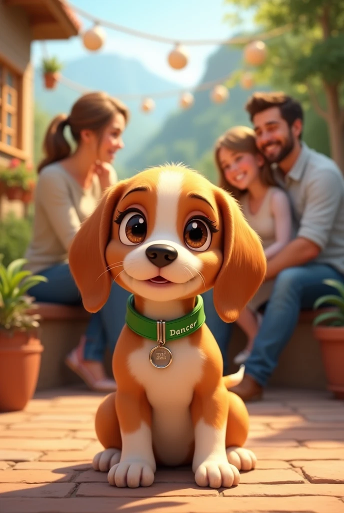 A Beagle puppy with a green collar with the name Dancer on it. This dog is sitting on a terrace with his little house in the background. He must have a family in the background.. A man, a woman and a girl