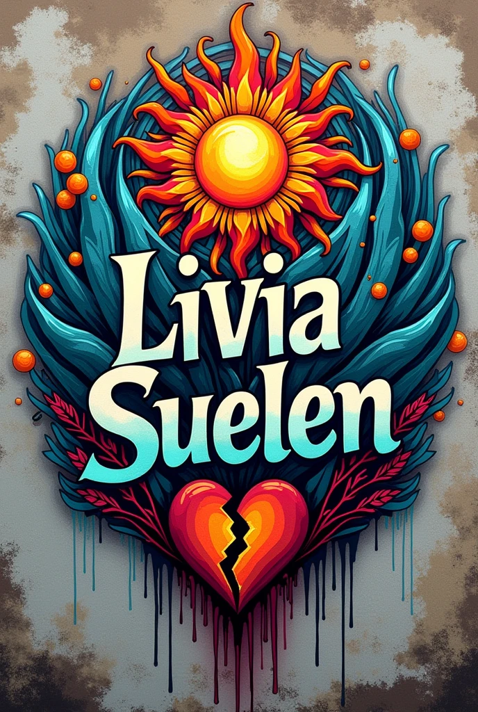 Image of graffiti with the name Livia Suelen something with sun,moonligh, Heartbroken ,mandala as if it were a logo something more casual