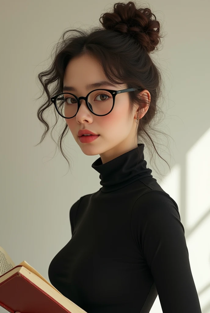 A thin woman, with an elegant and discreet style, wears round black-framed glasses that highlight his eyes. She wears a turtleneck blouse, that complements your sophisticated look. His curly hair, with big voluminous curls, is tied up in a bun, showing a touch of organization and practicality. in hand, she holds a book with a concentrated look, which suggests your passion for reading and knowledge.