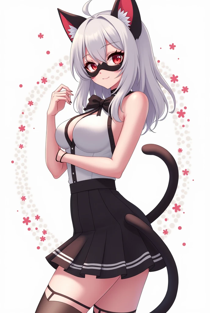 Young woman almost adult 20 years old with a good body, both front and back, Cute white-skinned anime girl with red eyes, her hair is white and medium-long with a loose black bow., black and white clothes plus black daring a half blouse and a black skirt with a white stripe transparent knee-high stockings is beautiful with a black mask and has a cat tail with a red bow on the tip and also has black drooping ears and a kitten collar and some small bracelets posing and a white background with red dots