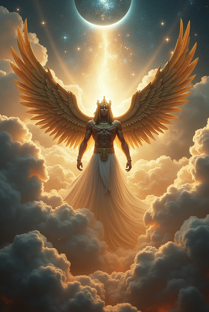"The act of creation of Atum in Egyptian mythology, transforming into the manifestation of Shu, the god of air, is Tefnut, the goddess of moisture, in a cosmic scene. Shu is depicted with wings and clouds surrounding him., while Tefnut is associated with water and moisture. The background should show a construction of the Egyptian universe in detail. (best quality), (masterpiece), (realistic), (detailed), portrait, close up, stunning gradient colors, detailed background, insanely detailed (masterpiece), absurdres, HDR"