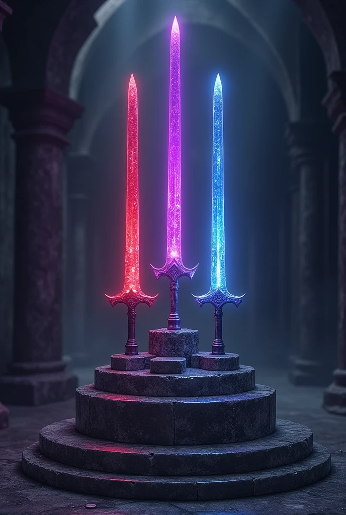 Within a location, there is a kind of altar, above which there is a pedestal where, Around her, everything was dark, but where the swords lay was clear as day. Where the three swords of different appearances were placed, they were partially thin, with straight and polished crystal blades, of tall stature, measuring on average 1,80 a 1,82 meters high each. Em suma, they have three colors: the purple one is for the one on the right, the blue one is for the one on the left, e the red one é para a do centro, a color for each of them. however, there were only two swords left on the pedestal; the third sword, blue in color, had disappeared, and its pedestal was on display, as well as those of the others. Each one had a name, down, in front of the feet of their pedestals: the purple one was called *Powerful Screw*, the red one, A sua volta, was called *Streets of Valente*, and the blue one had the nomenclature of *Generation Ändern*. The remaining two swords were shining brightly., as if they were new or newly forged, a espadthe red one e no centro.
