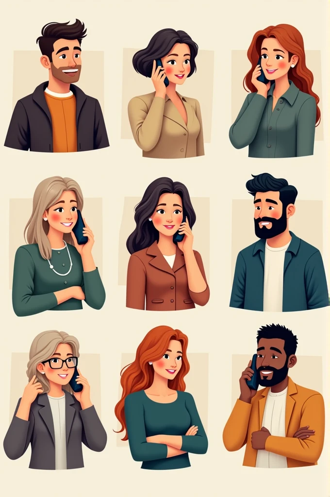 Create a group of 10 cell phone advisors between men and women of different ages and physical aspects in cartoons