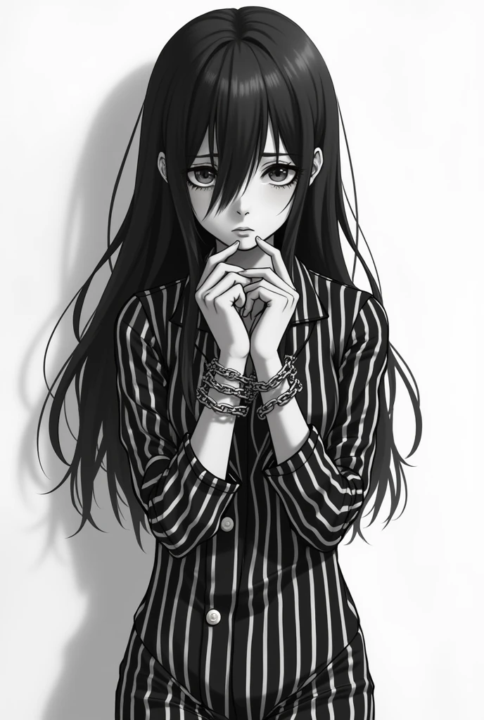 Anime girl in prison chained black and white horizontal stripes jumpsuit