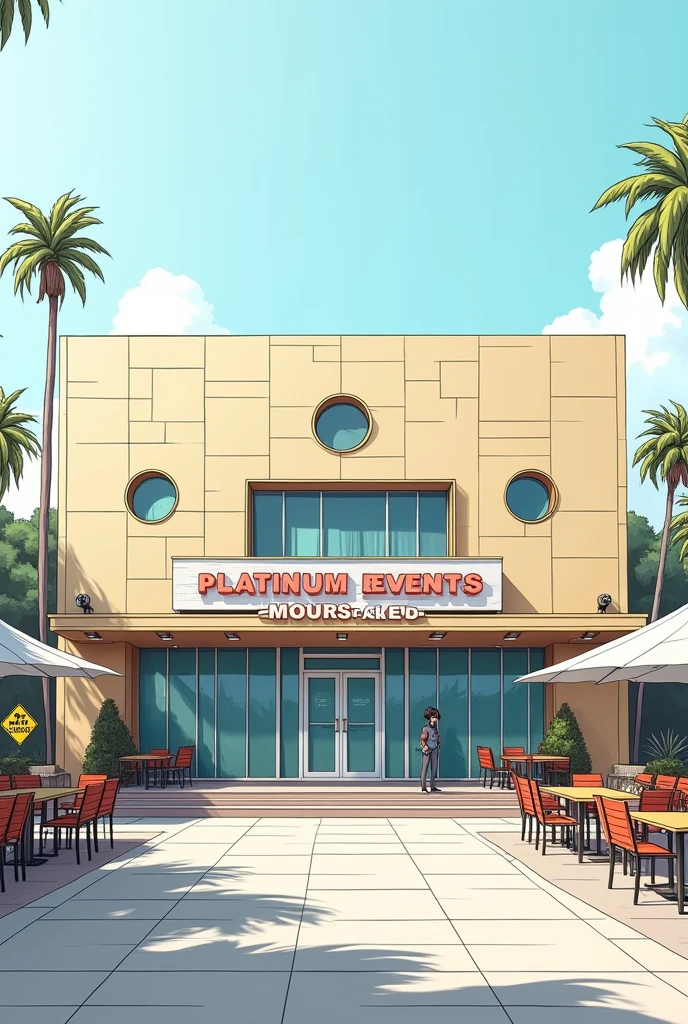 Image in architectural drawing style, unrealistic, fullcolor, em 2d ,of a beautiful large rectangular building, form of surplus ,with 4 circular windows, casa de Events, with patio in front containing empty tables and chairs, feast no interior, with a small warning sign on the wall saying no drinks and another large sign like the venue's sign written "Platinum Events", casa de show, feast, Events, glass doors and windows, feast acontecendo no interior