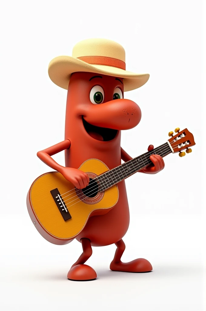 A choripán with a hat playing guitar on a white background
