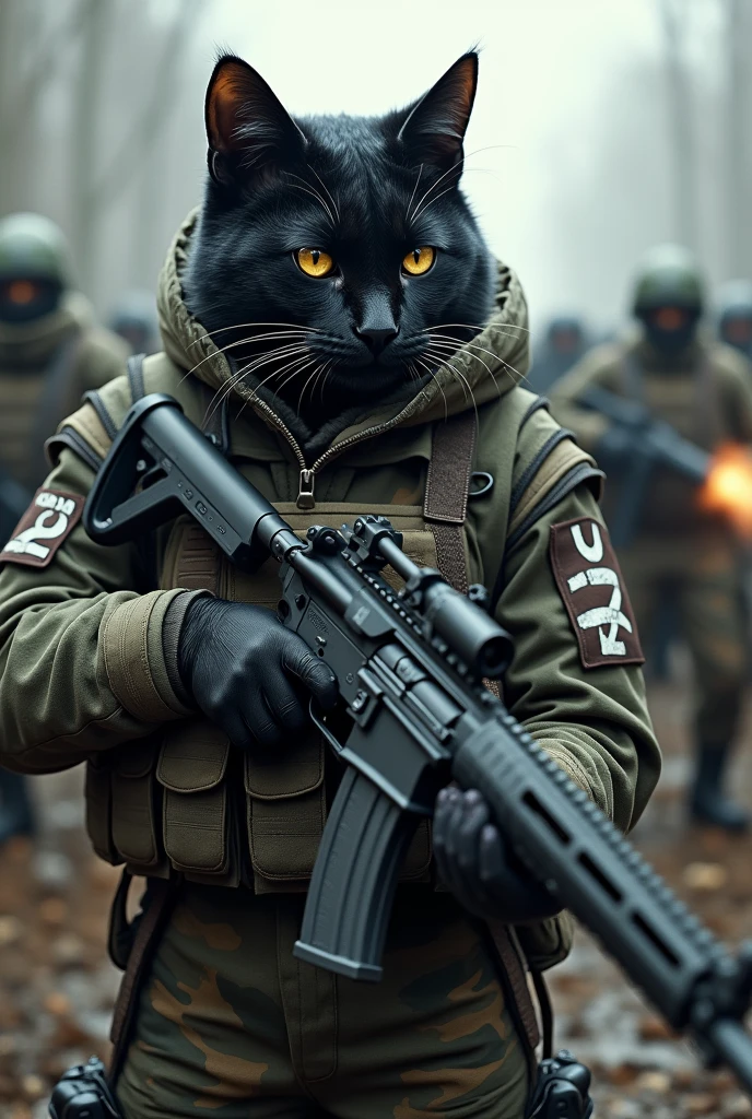 A black cat fighting against Ukraine with a rifle in his hand, wearing military clothing and with the letter Z in white on his arms and helmet. He is in the trenches. He hates Ukraine. His clothing is more modern. He is exchanging shots with the Ukrainians in the trenches. Realistic 4k, more Russian.