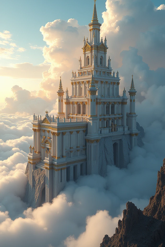 A stunning Greek castle, like Olympus, above the skies with golden touches and totally white