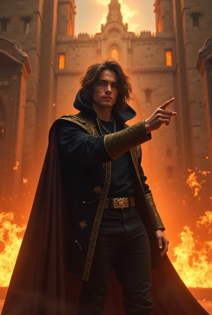 artwork best quality handsome american male ager long brown hair light skin with black cape and hooded coat on head with gold accents black long sleeve shirt and black pants underneath intricate details singing holding a microphone seen from afar pointing at the audience at a concert with a castle on fire behind him uhq 8k details