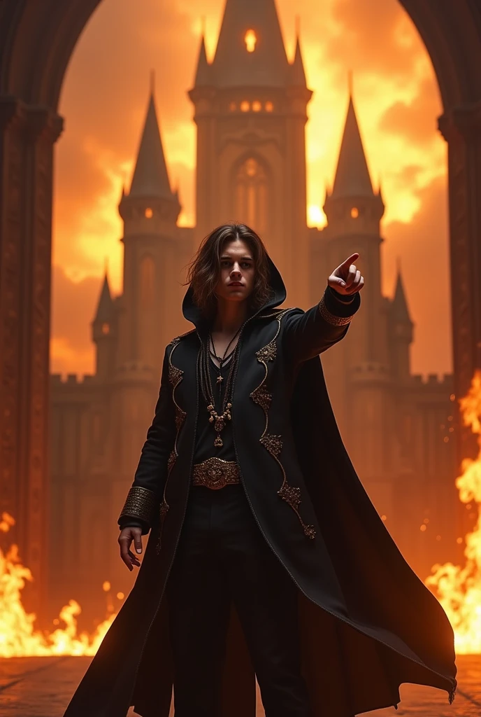 artwork best quality handsome american male teenager long brown hair light skin with black cape and hooded coat on head with gold accents black long sleeve shirt and black pants underneath intricate details singing holding a microphone seen from afar pointing at the audience at a concert with a castle on fire behind him uhq 8k details