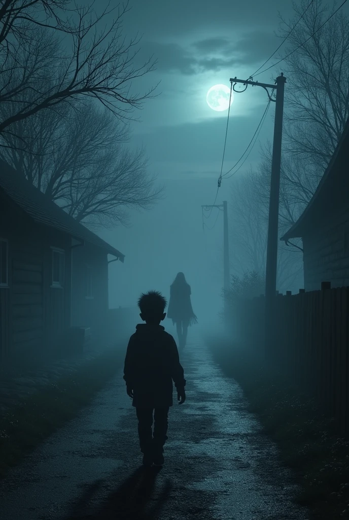 (photorealism:1.2),A dark, eerie village path at night with dense fog covering the ground. A young boy is walking alone, with fear evident on his face. Behind him, a faint shadow of an old woman with red glowing eyes can be seen emerging from the mist. The atmosphere is tense, with a cold wind rustling through the trees, and the moon barely visible through the clouds. The image should convey a sense of fear and suspense, capturing the moment just before the boy turns around to see the old woman.