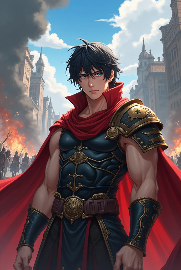 Anime drawing male character with black hair and blue eyes, gladiator outfit in the middle of a war 