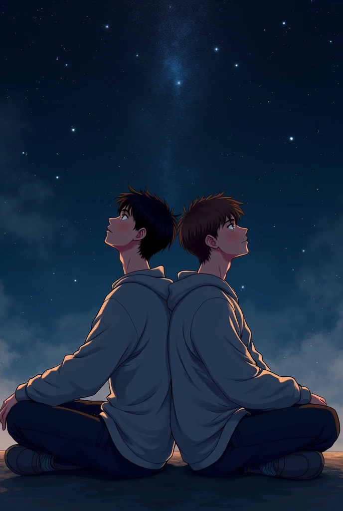 Two young men sitting back to back looking at the starry blue sky, One is black-haired and the other is brown-haired, Both are wearing sweatshirts so that the image is more nocturnal, darker and they are sitting next to each other