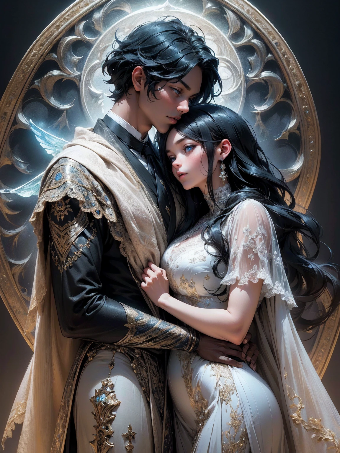 {-erro_de_anatomia:1.0}(best quality,4k,8k,highres,masterpiece:1.2), ultra-detailed, (realistic,photorealistic,photo-realistic:1.37), mature milf, illyasviel von einzbern, black hair, upper body, vibrant colors, glowing skin, mesmerizing eyes, blue eyes, elegant pose, enchanting background, delicate lace dress, blue dress, surreal lighting, ethereal atmosphere, mystical aura, intricate details, artistic medium, digital illustration, fantasy, anime, walking on nature, kissing a beautiful black man (black hair)