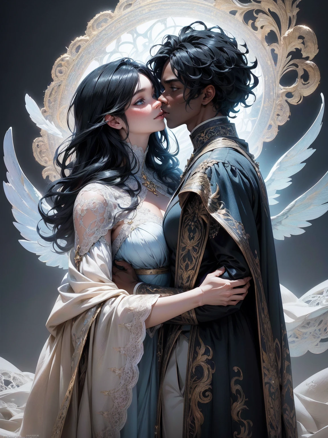 {-erro_de_anatomia:1.0}(best quality,4k,8k,highres,masterpiece:1.2), ultra-detailed, (realistic,photorealistic,photo-realistic:1.37), mature milf, illyasviel von einzbern, black hair, upper body, vibrant colors, glowing skin, mesmerizing eyes, blue eyes, elegant pose, enchanting background, delicate lace dress, blue dress, surreal lighting, ethereal atmosphere, mystical aura, intricate details, artistic medium, digital illustration, fantasy, anime, walking on nature, kissing a beautiful black man (black hair)