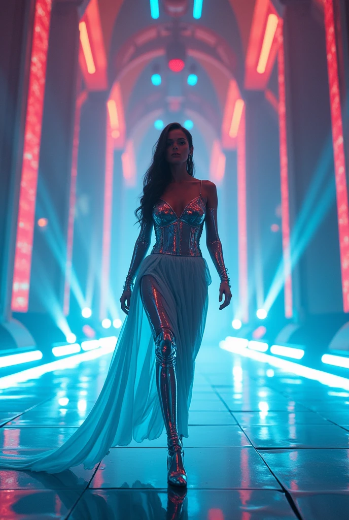  a young woman, with an ethereal and futuristic appearance, standing amidst a backdrop of swirling, reflective liquid crystal patterns