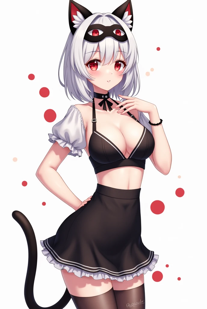 Young woman almost adult 20 years old with a good body, both front and back, Cute white-skinned anime girl with red eyes, her hair is white and medium-long with a loose black bow., black and white clothes plus black daring a half blouse and a black skirt with a white stripe transparent knee-high stockings is beautiful with a black mask and has a cat tail with a red bow on the tip and also has black drooping ears and a kitten collar and some small bracelets posing and a white background with red dots