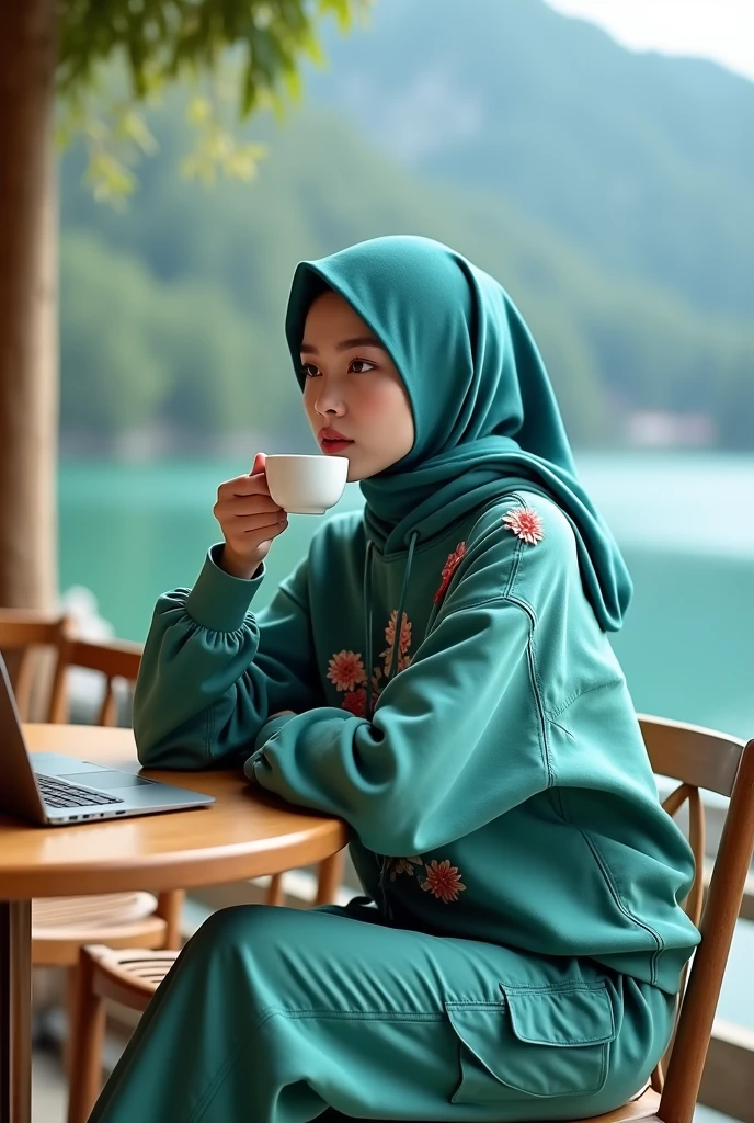 Beautiful Korean girl with white skin. Well-groomed face, long turquoise hijab, turquoise green hoodie decorated with a beautiful mama logo flower motif, turquoise green cargo trousers with lots of pockets, sitting in the cafe enjoying hot coffee, in front of the table there is an iPhone laptop, lakeside in the cafe, with a beautiful lake in the background big and very beautiful, the water is clear, with trees, mountains, original and realistic photos