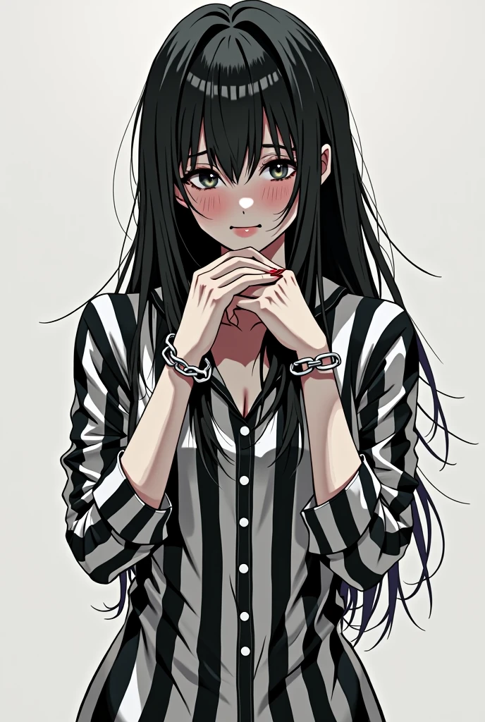 Anime girl in prison chained black and white horizontal stripes jumpsuit