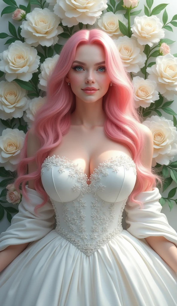 (masterpiece), best quality, ultra-detailed, 1024k UHD wallpaper, ultra-high resolution, depth of field, HDR, Ray tracing, RTX, high saturation, high contrast, photon mapping, best texture quality, best compotitions, (extremely detailed CG 1024k wallpaper), (Perfect Anatomy), High Details, Ultra HD Photo, ((1girl)), ((Adult Female, Mature Woman, Milf)), (Pink Hair), (Long hair), (Bangs), (Blue Eyes), (White Flower Ballgown, Long sleeves, White shawl), beautiful face, beautiful Girl, Mezmerize, Stunning, Blushing, (Smiling), (glossy lips), (Gigantic Breast), (Flower wall Background),