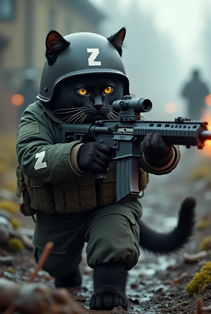 A black cat fighting against Ukraine with a rifle in his hand, wearing military clothing and with the letter Z in white on his arms and helmet. He is in the trenches. He hates Ukraine. His clothing is more modern. He is exchanging shots with the Ukrainians in the trenches. Realistic 4k, but Russian. There are dead people on the ground.