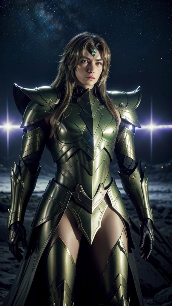 hyper realistic ultra detailed photograph of a handsome man photorealistic Andromeda at , (tmasterpiece), full body photo, (best quality), (1 handsome man), starry sky background, Wearing shiny armor, armor type armor shows details of your muscles, showing the belt, showing the armor thigh protector, cool pose, Saint Seiya Armor, messy green hair, high detail, Anime style, Cinematic lighting, Glitter, god light, Ray traching, filmgrain, hyper HD, skin texture, super detail, Anatomically correct, High resolution, Saturation ultra-high, High contrast, High-shiny green armor, Smooth skin, Serious expression. realistic. 8k