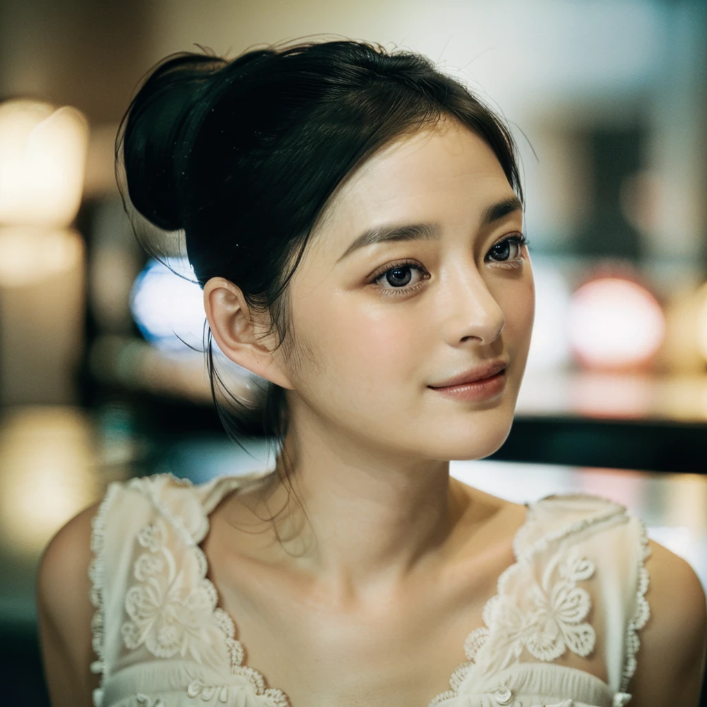 a Close-up portrait of gorgeous smiling cute Japanese woman in a glamorous lacy dress outfit, delicate facial features, porcelain-skinned, ponytail, a fusion of young Marion Cotillard's striking eyes and young Anne Hathaway's introspective gaze, long and slender cute face, curved eyebrows, droopy hooded eyes, lower nasal bridge, slim wavy nose, smiling, thin lips, short pixie cut hair, silhouette, bokeh, lobby bar lounge background, depth of field, photo, film,