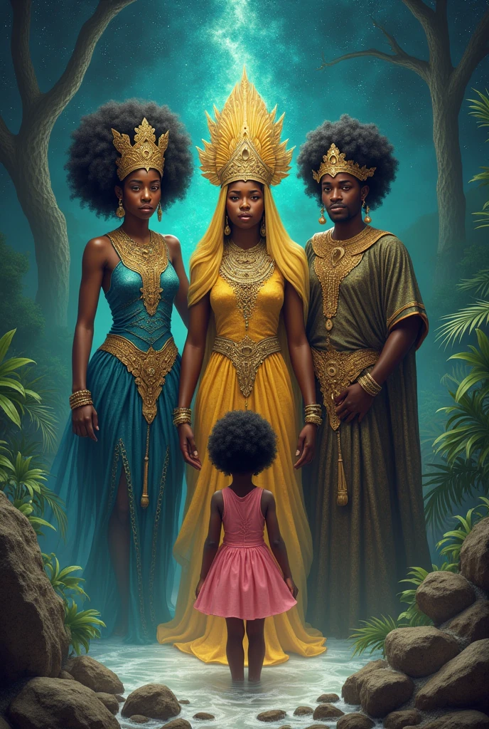 Image containing the two female orishas of Umbanda Oxum and Yemanjá and the male orishas Obaluaê and Oxossi and a small child next to them, about , black with afro hair and dressed in a pink dress.