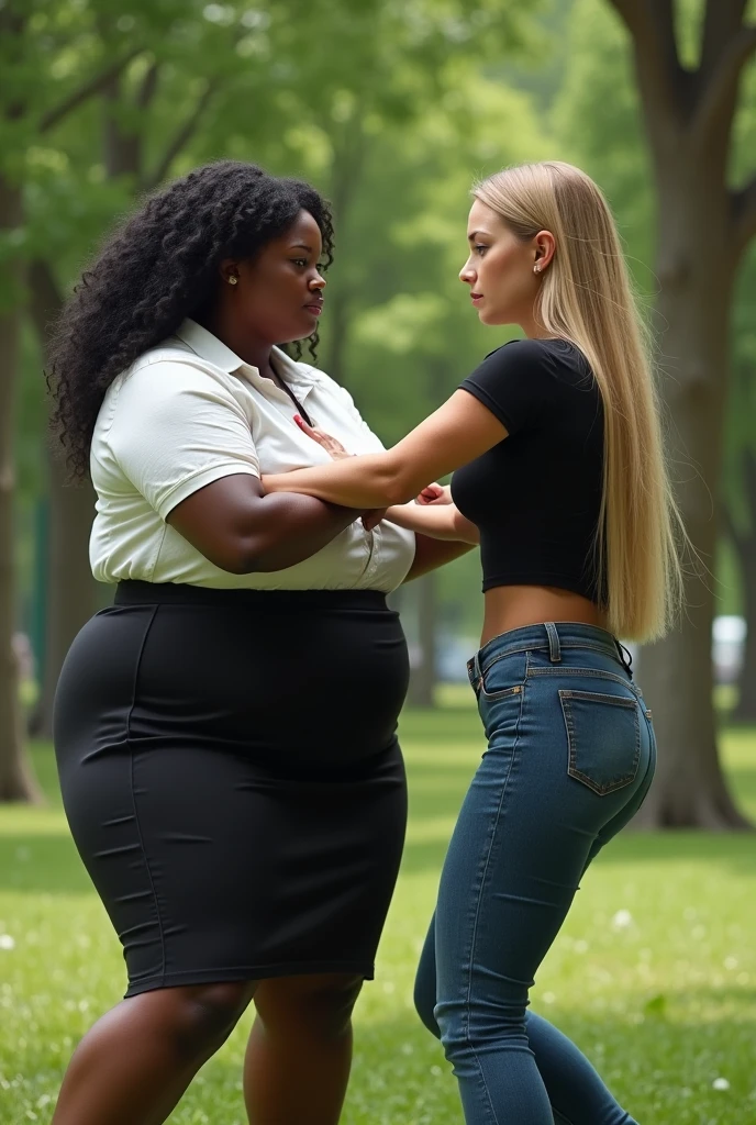 Create a realistic image of a 20 year old woman, obese, with black and dark skin, wearing a white shirt and black skirt and glasses, punching a 2 woman in the stomach, with light white skin, blonde hair long, slim body, wearing a long, tight black blouse and jeans in a park 