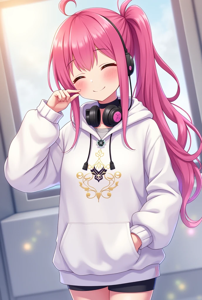 Long Hair, High resolution, Pink Hair, chest, smile, Wear a hood, headset on neck, Diagonal bangs, Side Ponytail, Anime Style, Oversized,White hoodie with embellishments,Shorts,Illustration, 3D Rendering, Sleepy, ,accessories, uniform