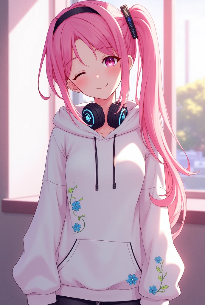 Long Hair, High resolution, Pink Hair, chest, smile, Wear a hood, headset on neck, Diagonal bangs, Side Ponytail, Anime Style, Oversized,White hoodie with embellishments,Shorts,Illustration, 3D Rendering, Sleepy, ,accessories, uniform