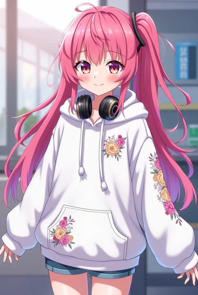 Long Hair, High resolution, Pink Hair, chest, smile, Wear a hood, headset on neck, Diagonal bangs, Side Ponytail, Anime Style, Oversized,White hoodie with embellishments,Shorts,Illustration, 3D Rendering, Sleepy, ,accessories, uniform