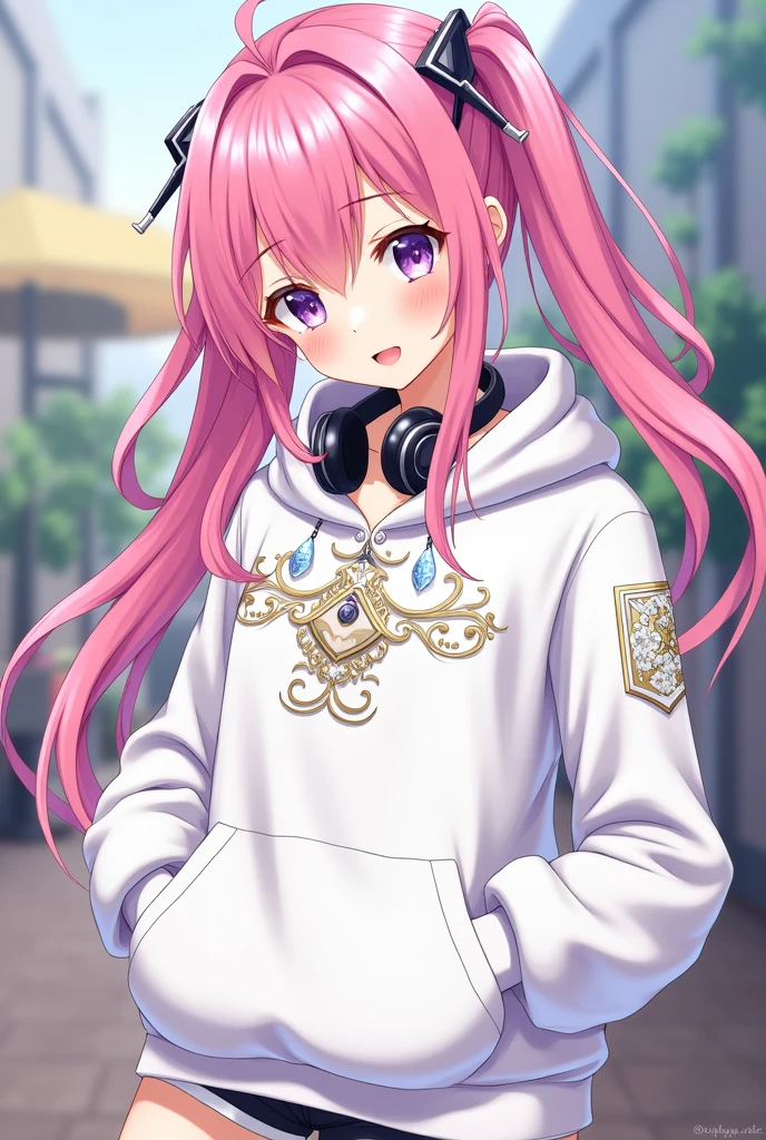 Long Hair, High resolution, Pink Hair, chest, smile, Wear a hood, headset on neck, Diagonal bangs, Side Ponytail, Anime Style, Oversized,White hoodie with embellishments,Shorts,Illustration, 3D Rendering, Sleepy, ,accessories, uniform