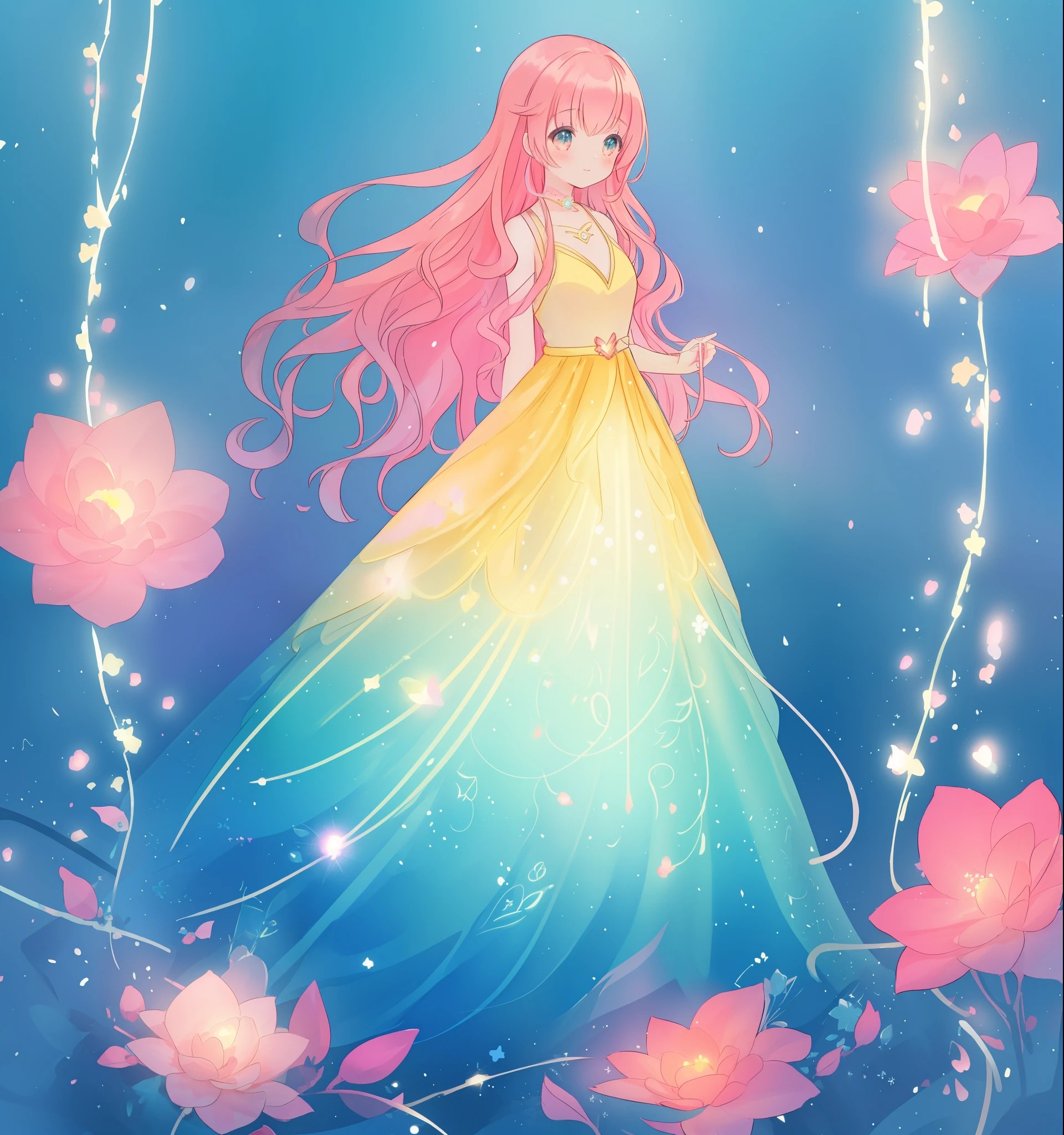 beautiful anime girl in flowing layered ballgown, vibrant pastel colors, (colorful), magical lights, magical flowers, flowers, glowing lights, red pink long wavy hair, sparkling lines of light, inspired by Glen Keane, inspired by Lois van Baarle, disney art style, by Lois van Baarle, glowing aura around her, by Glen Keane, jen bartel, glowing lights! digital painting, flowing glowing hair, glowing flowing hair, beautiful digital illustration, fantasia background, whimsical, magical, fantasy, beautiful face, ((masterpiece, best quality)), intricate details, highly detailed, sharp focus, 8k resolution, sparkling detailed eyes, liquid watercolor