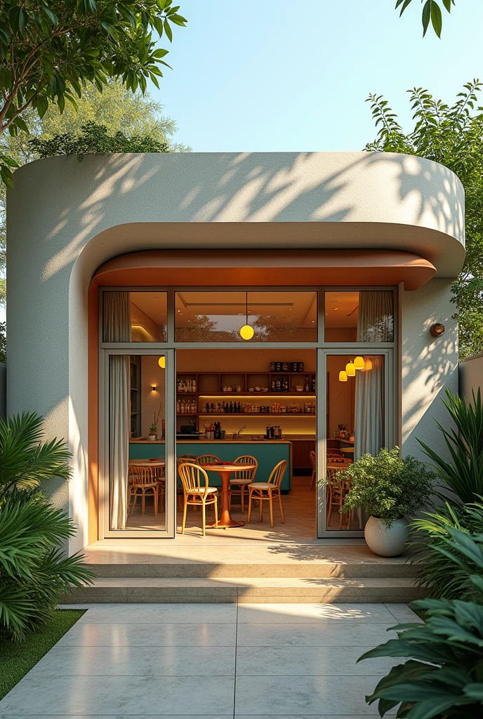 (photorealism:1.2), Picture, high qualitity, realistic exterior and interior design, coffee shop and restaurant in Kuta, Lombok, exterior concrete, interior in pastel colors and retro furnitures, style and design is "retro surf", high lights, bay windows, cozy surf vibes, surf interior decoration, big space inside, big garden