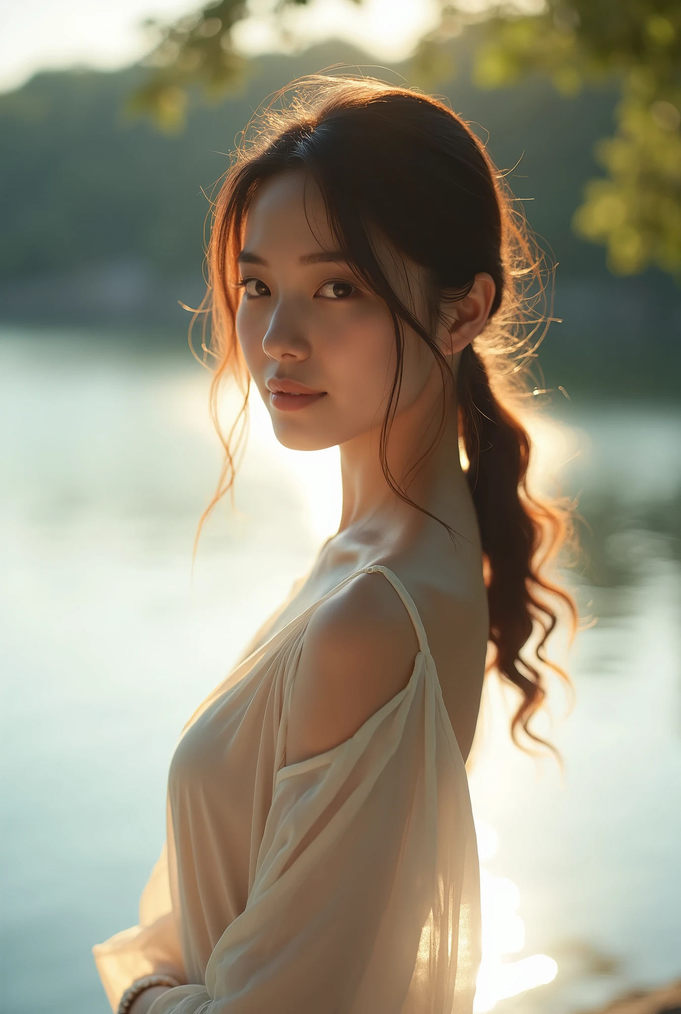 see from the side,softlight,asian girl,delicated face,(Sideboobs:1.25)，look-through nightdress
