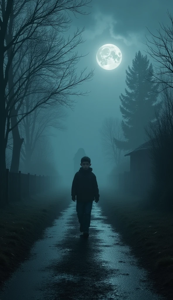 (photorealism:1.2),A dark, eerie village path at night with dense fog covering the ground. A young boy is walking alone, with fear evident on his face. Behind him, a faint shadow of an old woman with red glowing eyes can be seen emerging from the mist. The atmosphere is tense, with a cold wind rustling through the trees, and the moon barely visible through the clouds. The image should convey a sense of fear and suspense, capturing the moment just before the boy turns around to see the old woman.