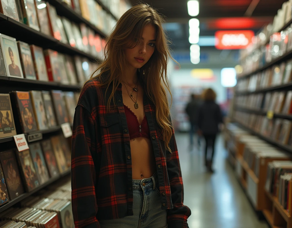 Seductive close-up photo of a young woman with grunge aesthetic, Browsing a record store in an American shopping mall in 1995. The woman is wearing a flannel shirt, Ripped jeans, Combat Boots, And they are casual, Confident attitude. Record store shelves、It's full of various vinyl records., Classic rock mix, replace, And grunge music.
The overall atmosphere of the image is nostalgic., It captures the essence of the 90s grunge era..