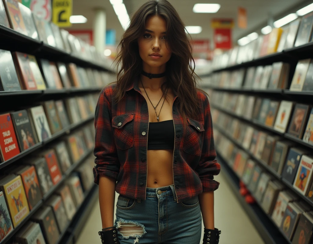 Seductive close-up photo of a young woman with grunge aesthetic, Browsing a record store in an American shopping mall in 1995. The woman is wearing a flannel shirt, Ripped jeans, Combat Boots, And they are casual, Confident attitude. Record store shelves、It&#39;s full of various vinyl records., Classic rock mix, replace, And grunge music.
The overall atmosphere of the image is nostalgic., It captures the essence of the 90s grunge era..